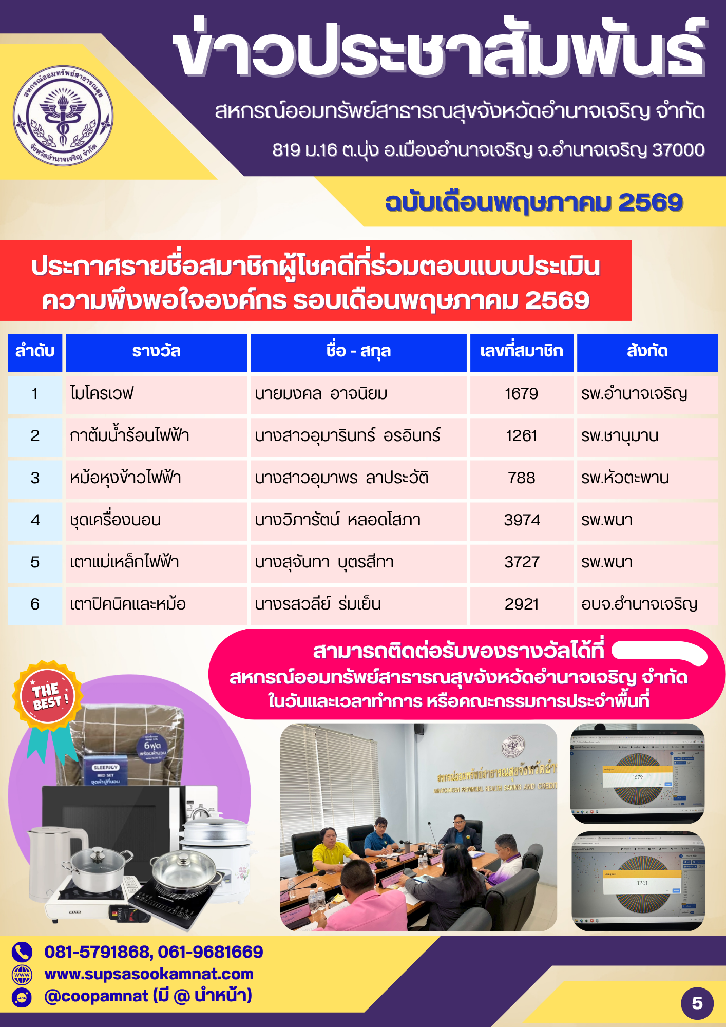 ประกาศรายชื่อผู้โชคดีได้รับรางวัล ประจำเดือนพฤษภาคม 2569